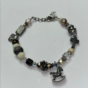 Beaded Shabby Chic Charm Bracelet with Rocking Horse